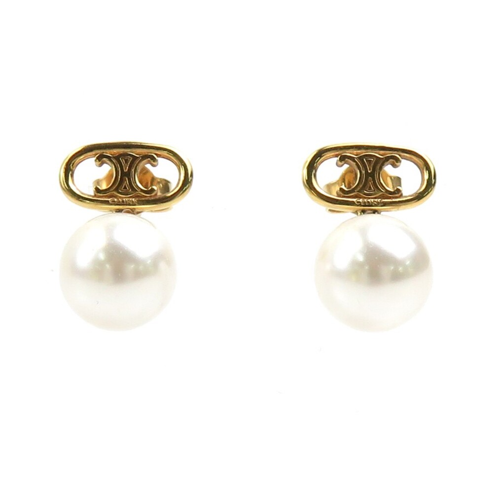 Auth Celine Pierce Earrings Gold/White #302821C34B